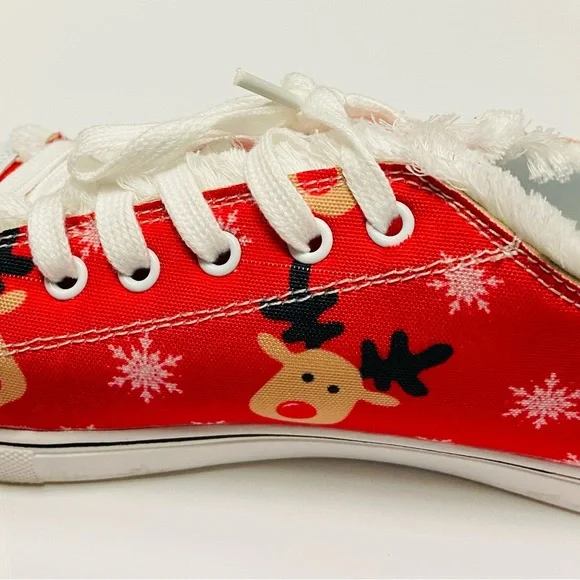 Converse Style Shoes-Red Reindeer Printed Sneakers, Red and White, Size 7 EUC - Picture 4 of 5